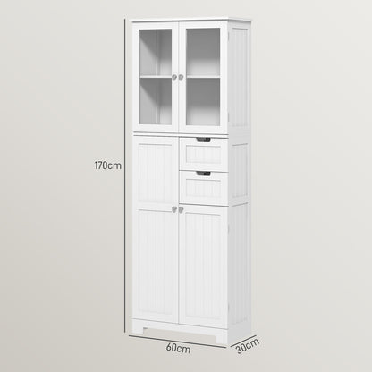 Badkamerkast – Badkamerkolom – Opbergkast – Bergkast – Kast Met Glazen Deuren – Wit – 60x30x170 cm – Verstelbare Planken – Inclusief Lades