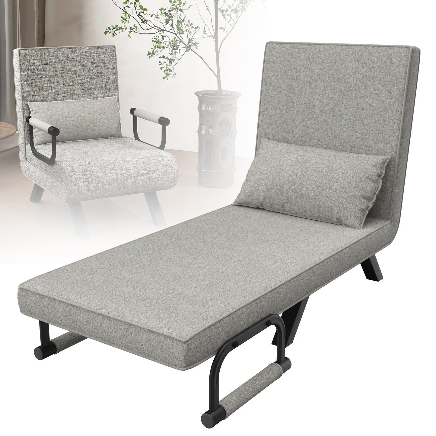 Cornerbank – Relaxbank – Slaapbank – Loungebank – 3-in-1 Bank – Verstelbare Rugleuning & Armleuningen – Stalen Frame 200 kg – Lichtgrijze Linnen Bekleding