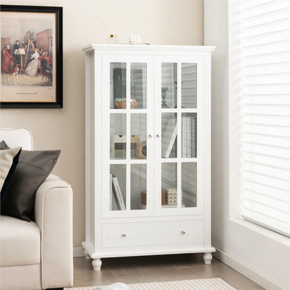 Boekenkast – Vakkenkast – Opbergkast – Wandkast – Dressoir – Met Geharde Glazen Deuren – Verstelbare Plank en Lade – Wit – 80x40x139 cm