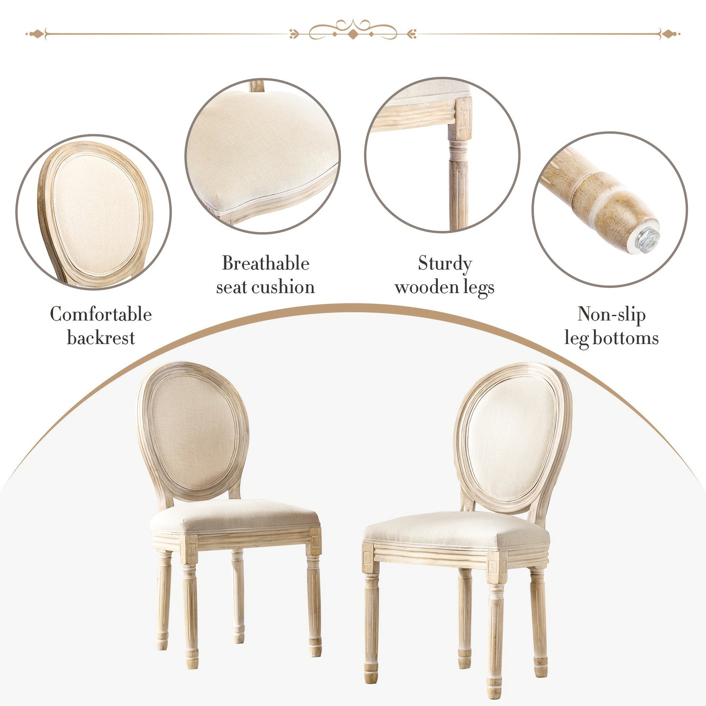 Eetkamerstoelen – Stoelen Set – Dining Chairs – Franse Stijl Stoelen – Beige Linnen Bekleding – Massief Beukenhout Frame – Ergonomisch Comfort