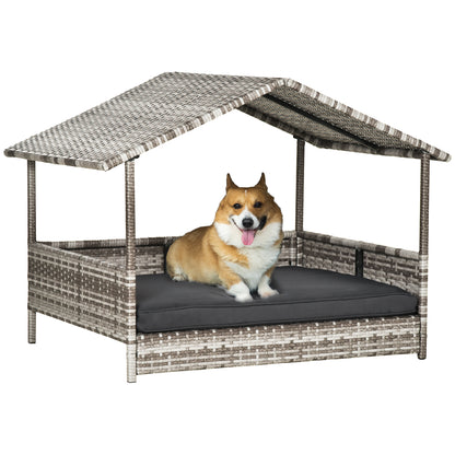 Hondenhok – Hondenmand – Hondenkennel – Hondenhuisje – Huisdier Bed – Rattan Met Staal – Inclusief Comfortabel Kussen – Grijs 69x98x70 cm