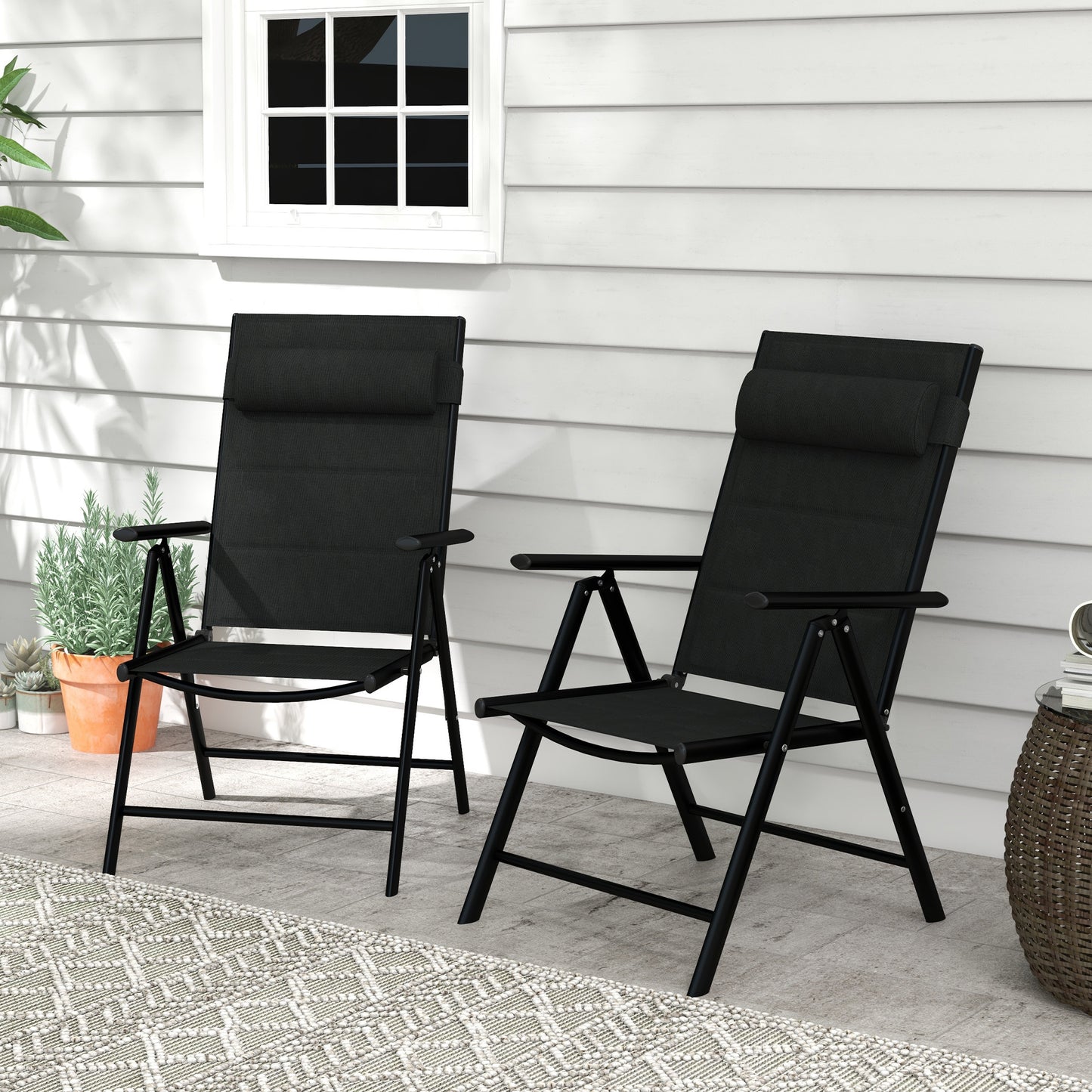 Opvouwbare Tuinstoelen – Klapstoel – Tuinstoel – Campingstoel – Balkonstoel – Met Hoofdsteun en Armleuningen – Aluminium Frame – 130 kg Draagkracht – Zwart – Set van 2 – 54x67x108 cm