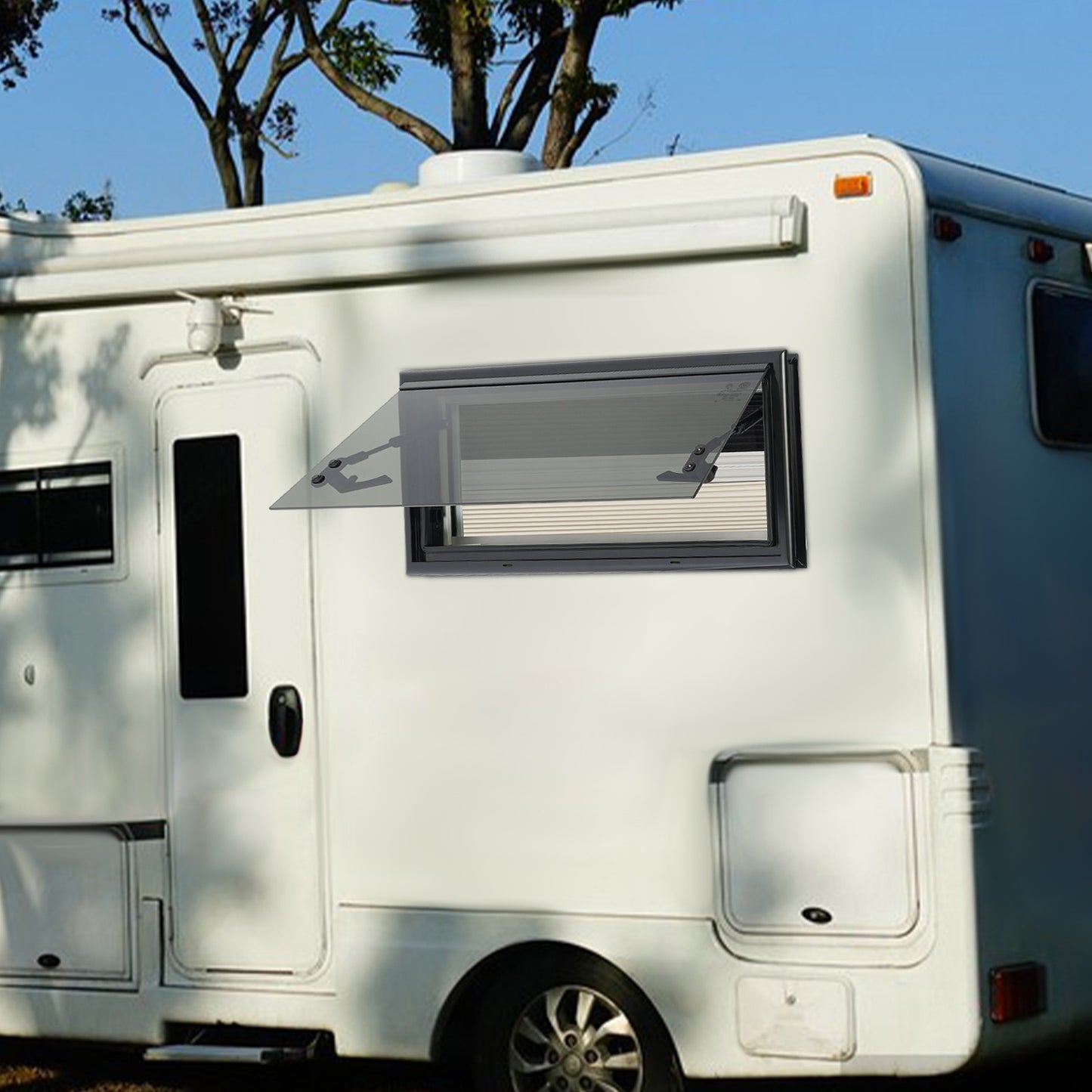 Uitschuifbaar Raam Caravan – Camperraam – Schuifraam – Ventilatieraam – Raam Met Hor – Donker Getint Glas – Aluminium Frame – Maximale Opening 85° – Insectenwering