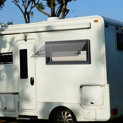 Uitschuifbaar Raam Caravan – Camperraam – Schuifraam – Ventilatieraam – Raam Met Hor – Donker Getint Glas – Aluminium Frame – Maximale Opening 85° – Insectenwering