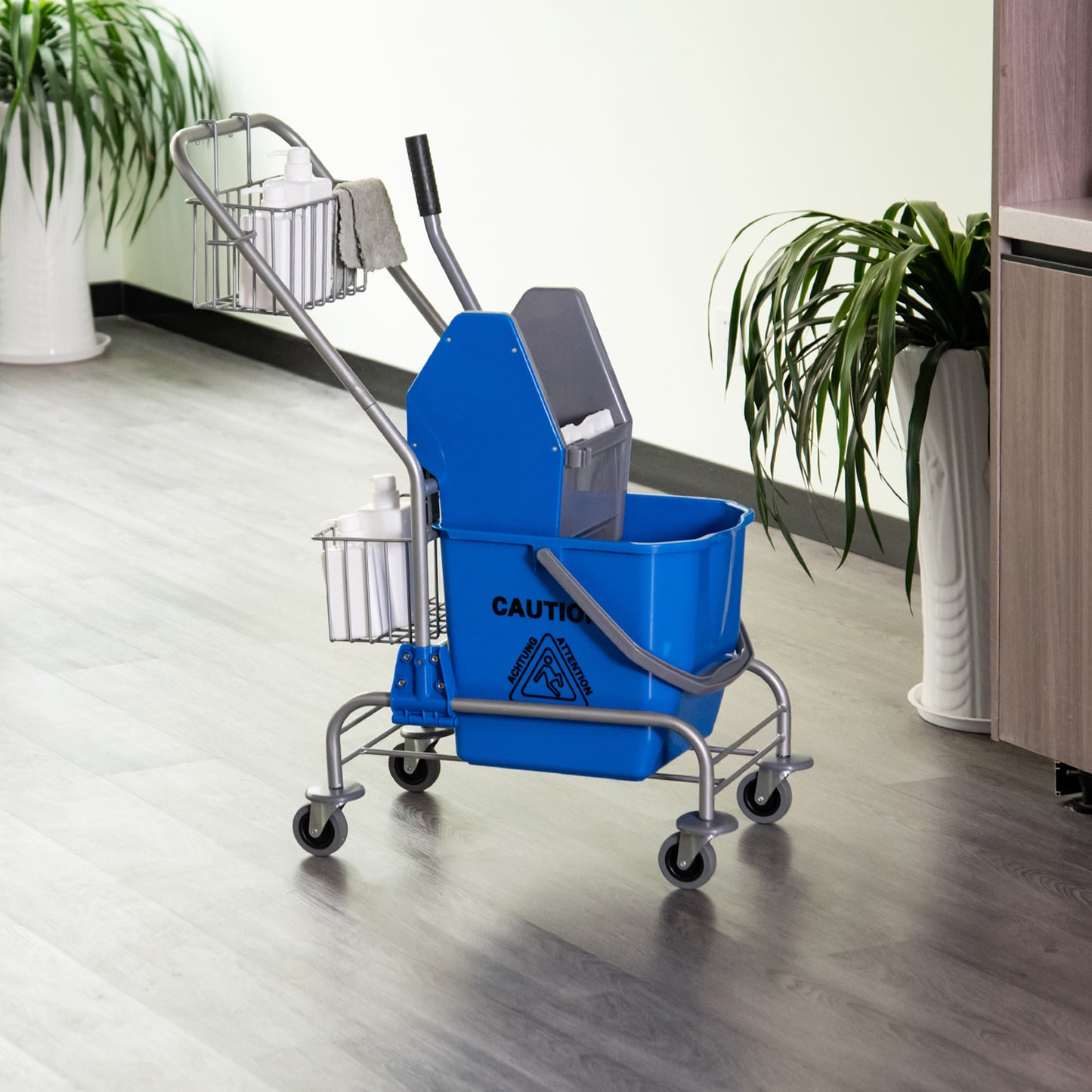 Schoonmaakwagen – Reinigingswagen – Dweilwagen – Systeemwagen – Schoonmaaktrolley – 26L Inhoud – Stalen Frame met 360° Zwenkwielen – Uitwringsysteem