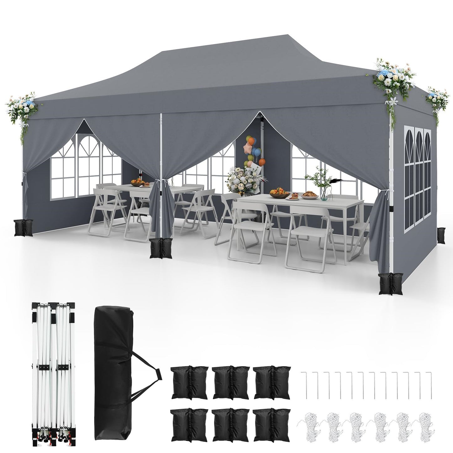 Paviljoen 3x6 M – Tuin Tent – Partytent – Overkapping – Garden Gazebo – Waterdicht – UV Bescherming SPF 50+ – Stevig Met Zijwanden En Zandzakken – Grijs