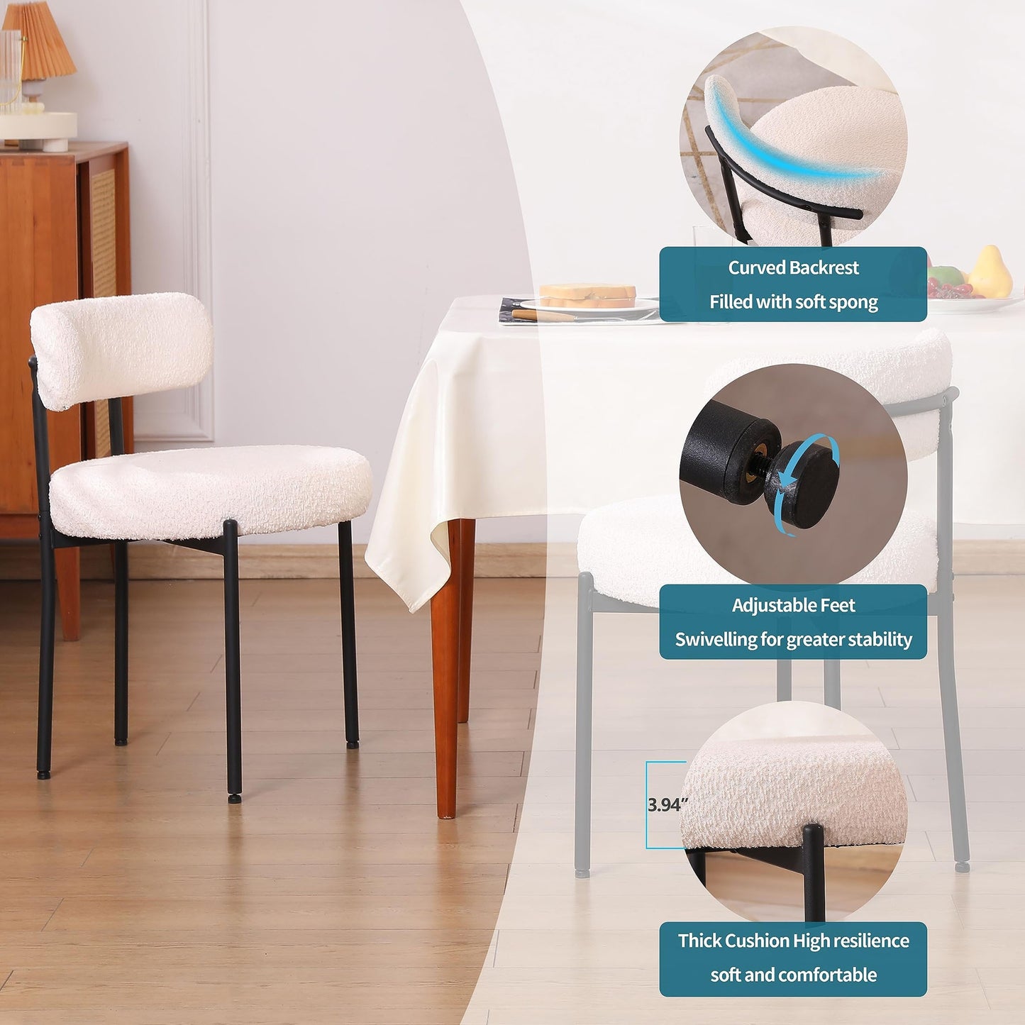 Eetkamerstoel – Kuipstoel – Keukenstoel – Stoel – Dining Chair – Set Van 6 – Bouclé Stof – Gebogen Rugleuning – Metaal Onderstel – Zithoogte 48 cm