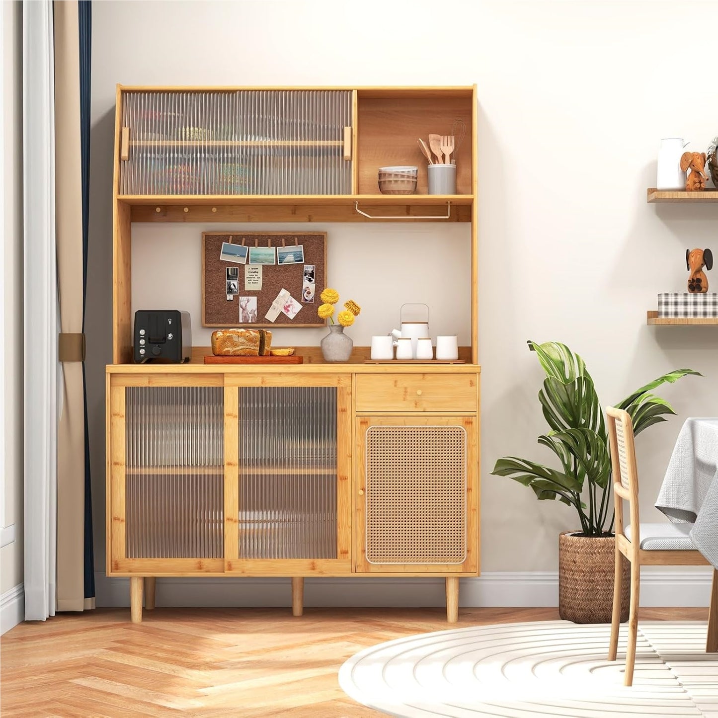 Buffetkast – Buffetkastje – Keukenkast – Opbergkast – Dressoir – Bamboe En Rattan – 120 cm Breed Werkblad – Schuifdeuren Met Glasrek