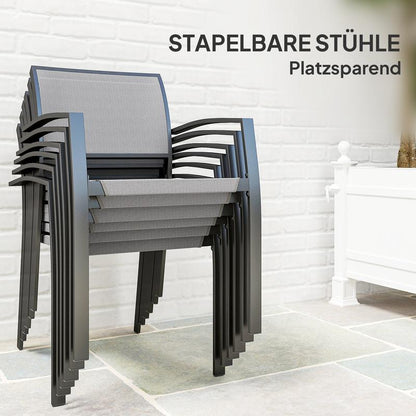 7-Teiliges Ess-Set, 6 Stühle, 1 Tisch, Stapelbar, Leicht Zu Reinigen, Stahlrahmen, Gartenmöbel-Set, Grau, Garten-Bistro-Esstisch Und Stühle, Langlebig Und Leicht Zu Reinigen