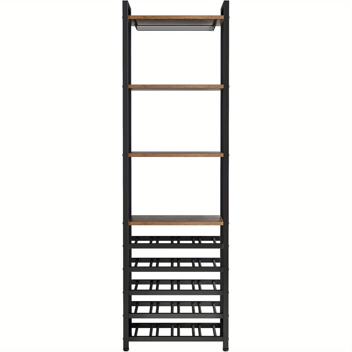 Wijnrek – Flessenrek – Wijnhouder – Wandrek – Organizer – 9-Laags Bruin Metaal – Inclusief Glazenhouder & Opbergruimte – Voor 20 Flessen – Industrieel Design – 45x35x180 cm