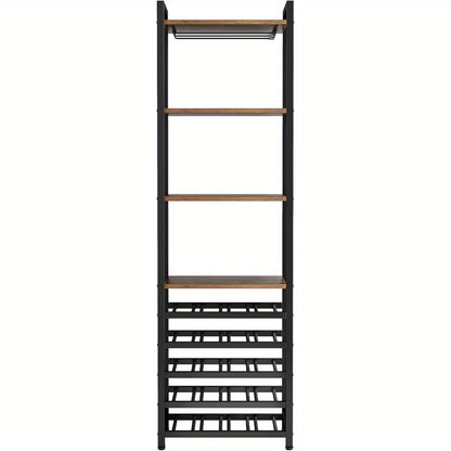 Wijnrek – Flessenrek – Wijnhouder – Wandrek – Organizer – 9-Laags Bruin Metaal – Inclusief Glazenhouder & Opbergruimte – Voor 20 Flessen – Industrieel Design – 45x35x180 cm