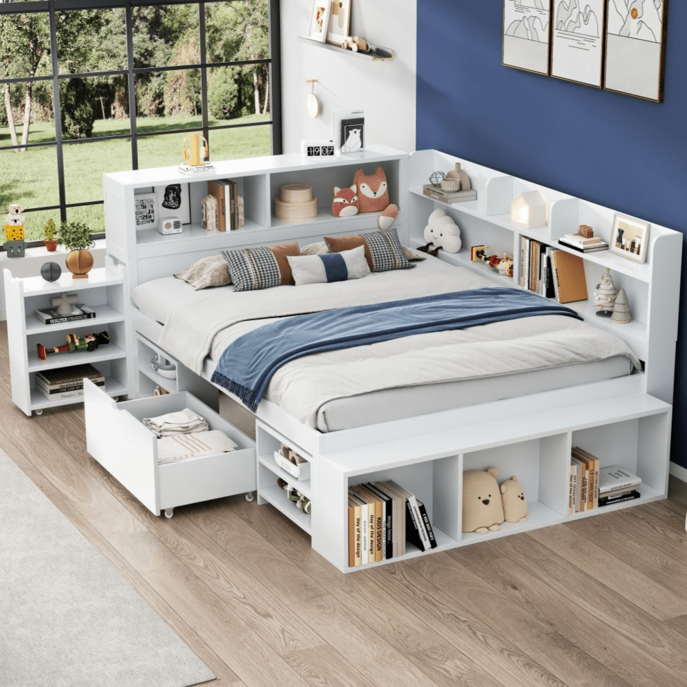 Bedbank – Slaapbank – Logeerbed – Eenpersoonsbed – Multifunctioneel – Ruime Opbergladen – Boekenplank – Lattenbodem – 140x200 cm – Wit