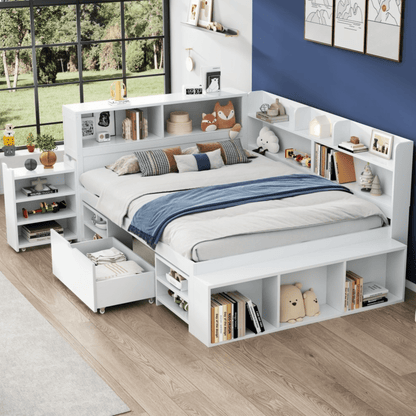 Bedbank – Slaapbank – Logeerbed – Eenpersoonsbed – Multifunctioneel – Ruime Opbergladen – Boekenplank – Lattenbodem – 140x200 cm – Wit