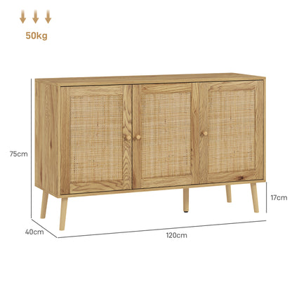 Buffet – Dressoir – Opbergkast – Ladekast – Wandmeubel – Natuurlijk Hout – Rotan Deuren – Verstelbare Planken – 120x40x75 cm
