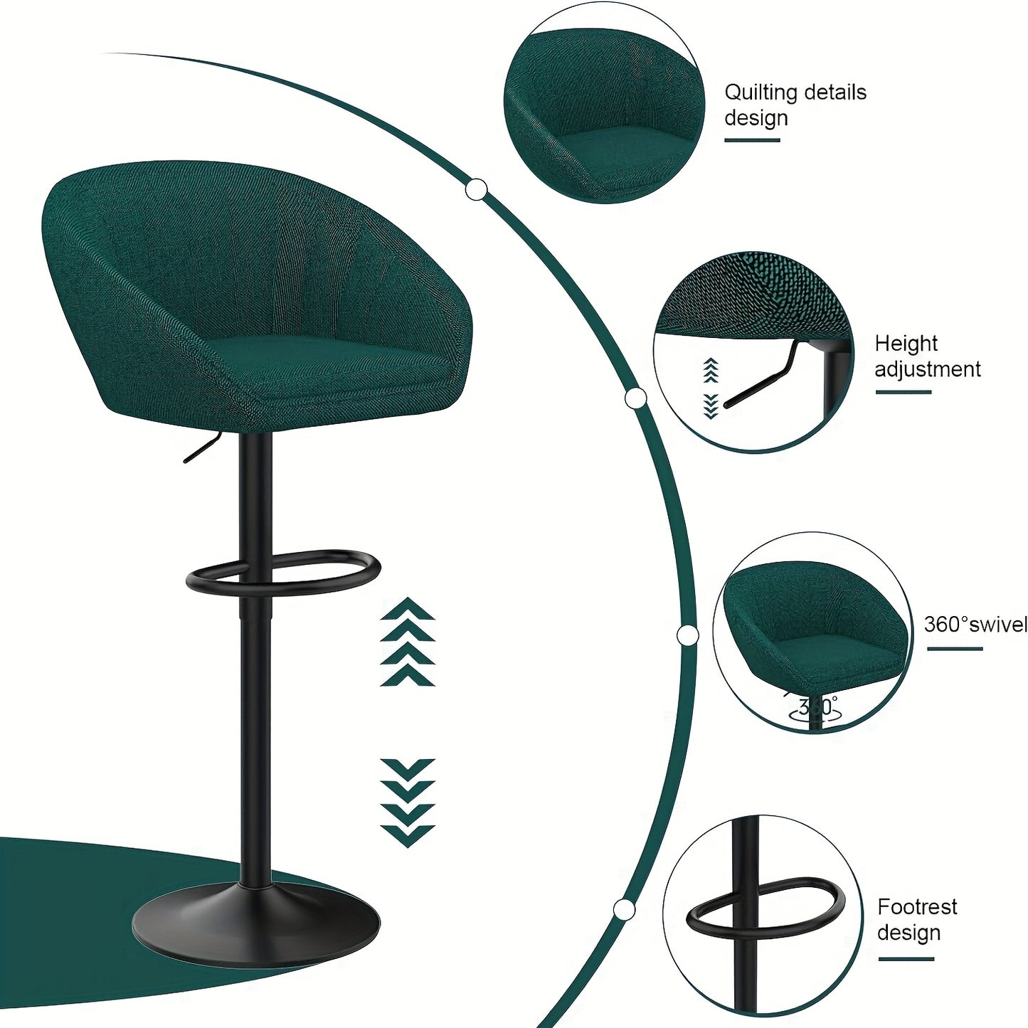 Bar Krukken Set – Barkrukken – Barstoelen – Keukenstoelen – Hoge Stoelen – Verstelbare Hoogte – Stoffen Zitting – Groen – Met Draaifunctie – Met Metalen Frame