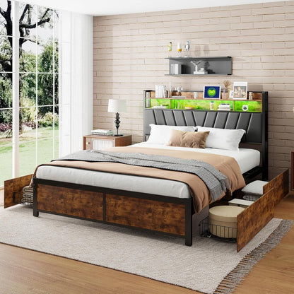 Tweepersoonsbed – Bed – Slaapbed – Opbergbed – Led-bed – 160x200 cm – 4 Ruime Lades – Ingebouwde LED-verlichting