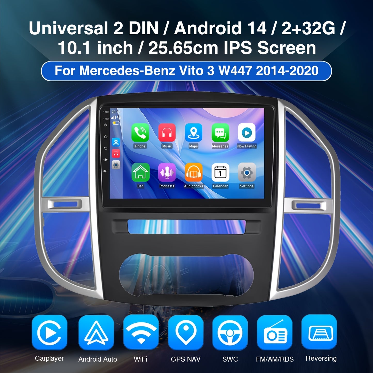 10,1" Autoradio – Multimedia Systeem – Auto Stereo – Touchscreen Radio – Draadloos Carplay & Android Auto – Inclusief AHD Camera & Microfoon – Android 14.0 Systeem – GPS Navigatie & Wifi