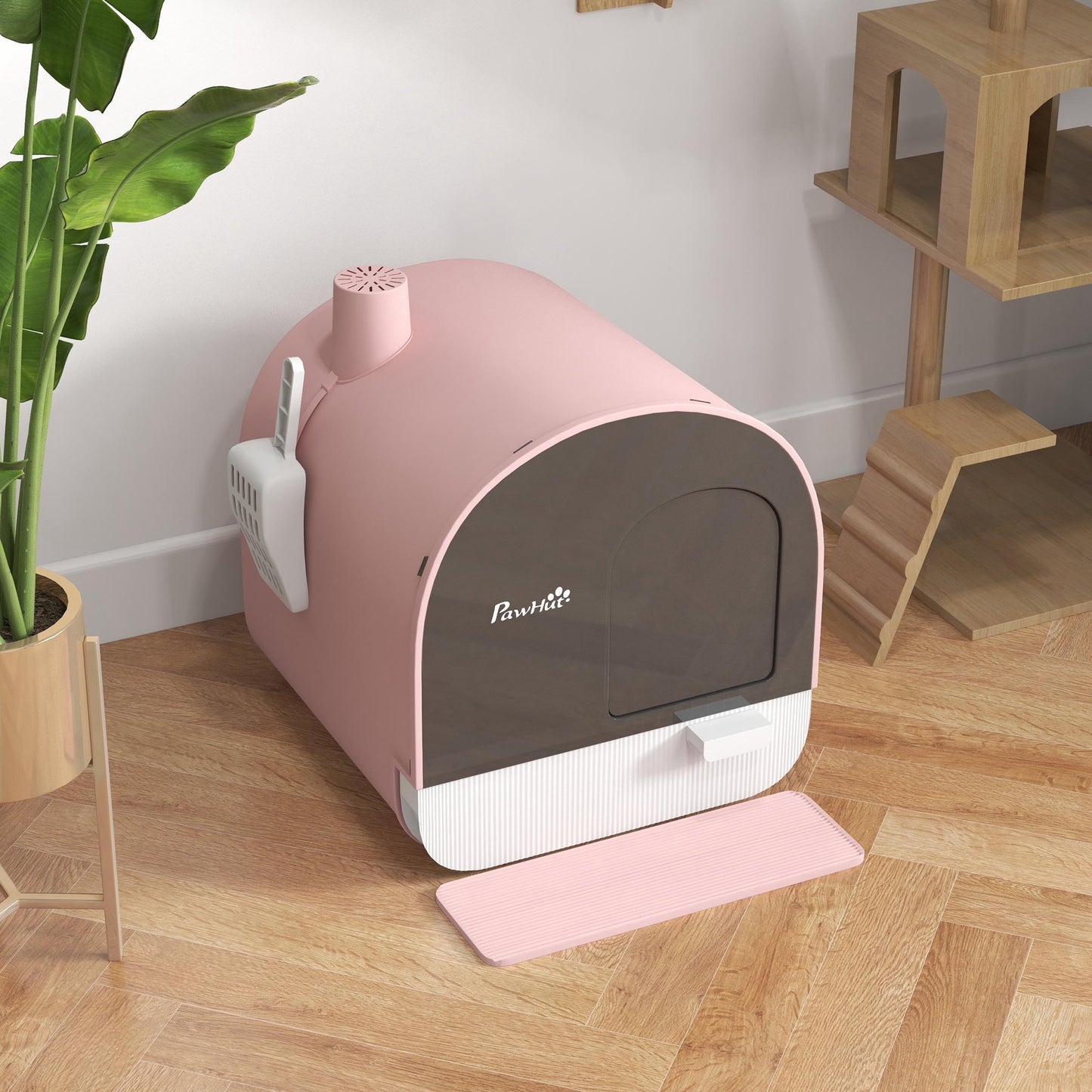 Kattentoilet – Kattenbak – Kattentoilet Met Deksel – Kattenbaksysteem – Kattenbak Met Schep – Gesloten Design – Inclusief Kattenbakmat – Duurzaam Kunststof – Roze/Zwart