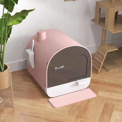 Kattentoilet – Kattenbak – Kattentoilet Met Deksel – Kattenbaksysteem – Kattenbak Met Schep – Gesloten Design – Inclusief Kattenbakmat – Duurzaam Kunststof – Roze/Zwart