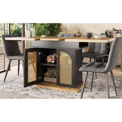 Telescopic Dining Table (110-140×80cm), Foldable Kitchen & Living Room Extendible Space-Saving 4-6 Seater with PE Rattan Cabinet Doors, Small Round Dining Table, Table for Dining Room, Spacesaving Furniture, Contemporary Des