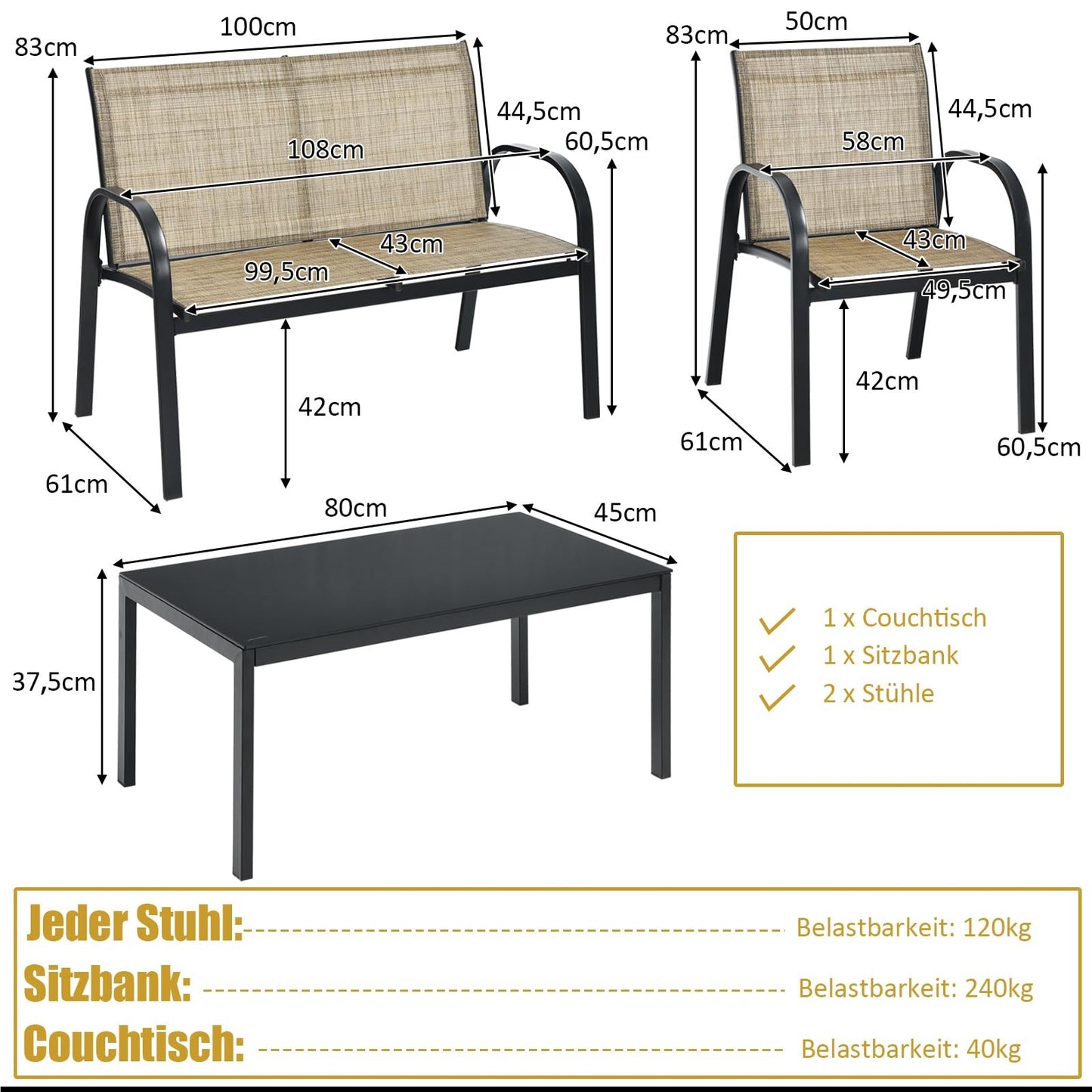 Tuinmeubelset 4-Delig – Tuinset – Loungeset – Balkonmeubilair – Terrasmeubilair – Weerbestendig Metaal – Met Glas – Bruin