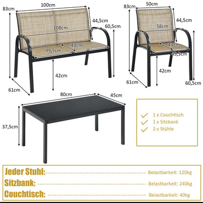 Tuinmeubelset 4-Delig – Tuinset – Loungeset – Balkonmeubilair – Terrasmeubilair – Weerbestendig Metaal – Met Glas – Bruin