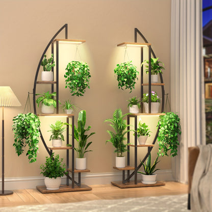 Plantenstandaard – Plantenrek – Bloemenrek – Groeilichtstandaard – Plantenhouder – 6 Lagen – Ingebouwd Groeilicht – Crescentshape – Metaal – 160 cm – Zwart