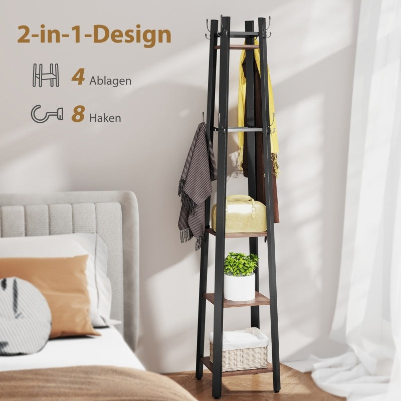 Kapstok – Garderoberek – Schoenenrek – Jasstandaard – Opbergrek – Industrieel Metaal & Hout – 4-Lagen Met 8 Haken – Stevige A-Frame Constructie 99,79 KG Draagvermogen