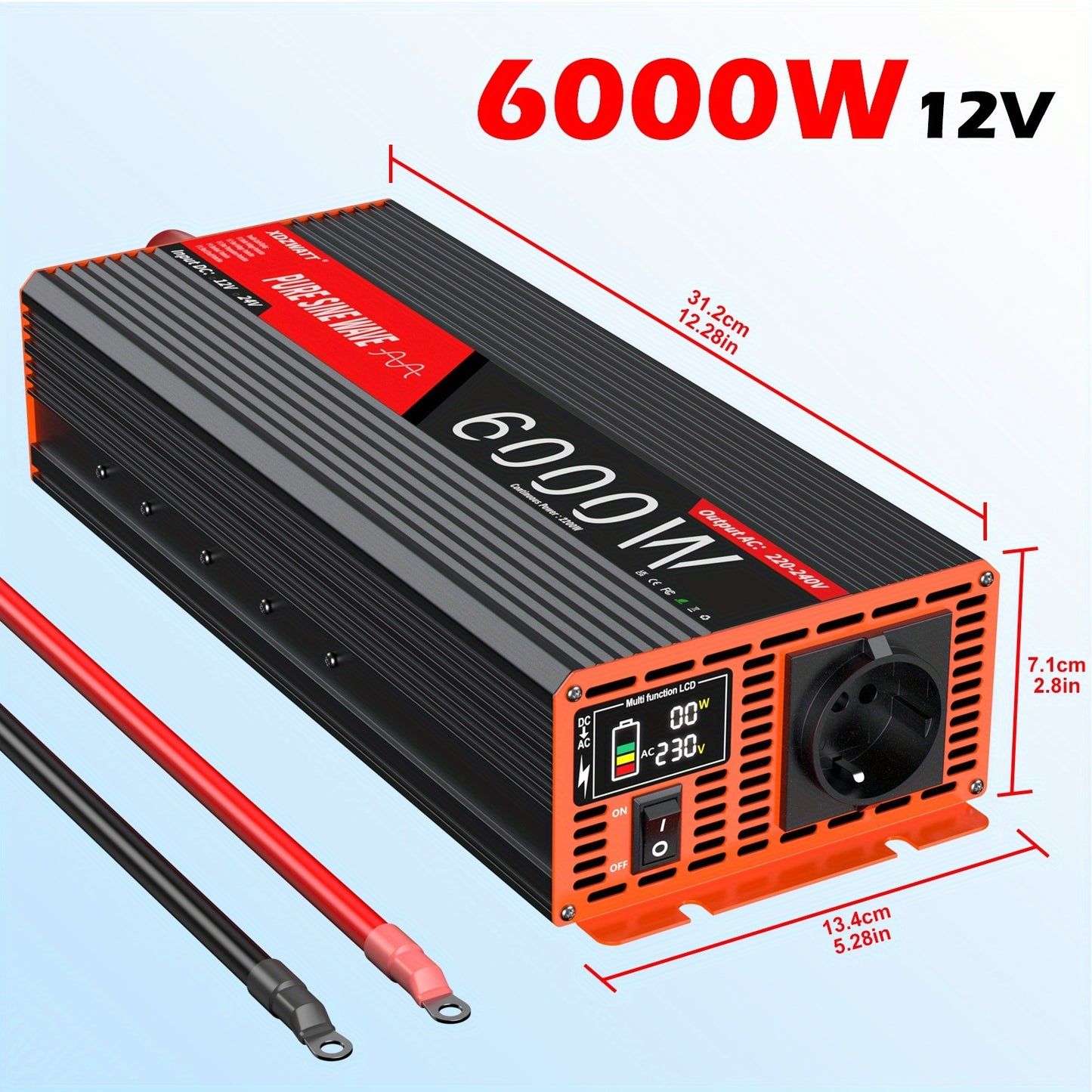 Omvormer – Spanningsomvormer – Power Inverter – Stroomconverter – 12V naar 230V – Pure Sinusgolf – 6000W Piekvermogen – Compact Met LCD Display
