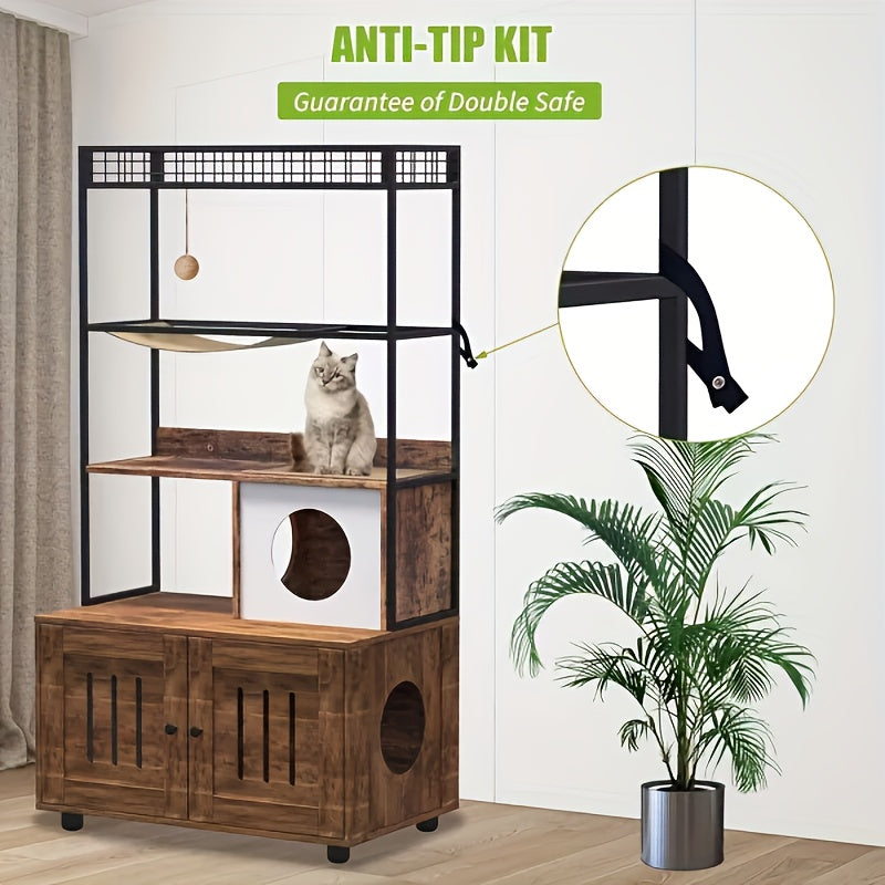 Kattenbakmeubel – Kattenkast – Kattenbakkast – Kattenhuis – Kattenbakkast – Houten Fiberboard – Ruim Ontwerp Met Sisal Hangmat & Speelbal – Omkeerbare Toegang Met Extra Opbergruimte
