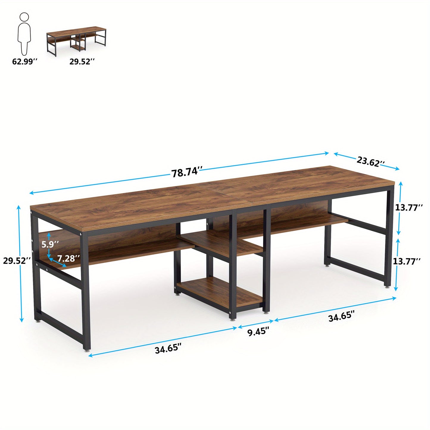 Bureau – Bureautafel – Computertafel – Werktafel – Dubbel bureau – Industrieel design – Ruim 200 cm lang – Met opbergruimte en verstelbare poten