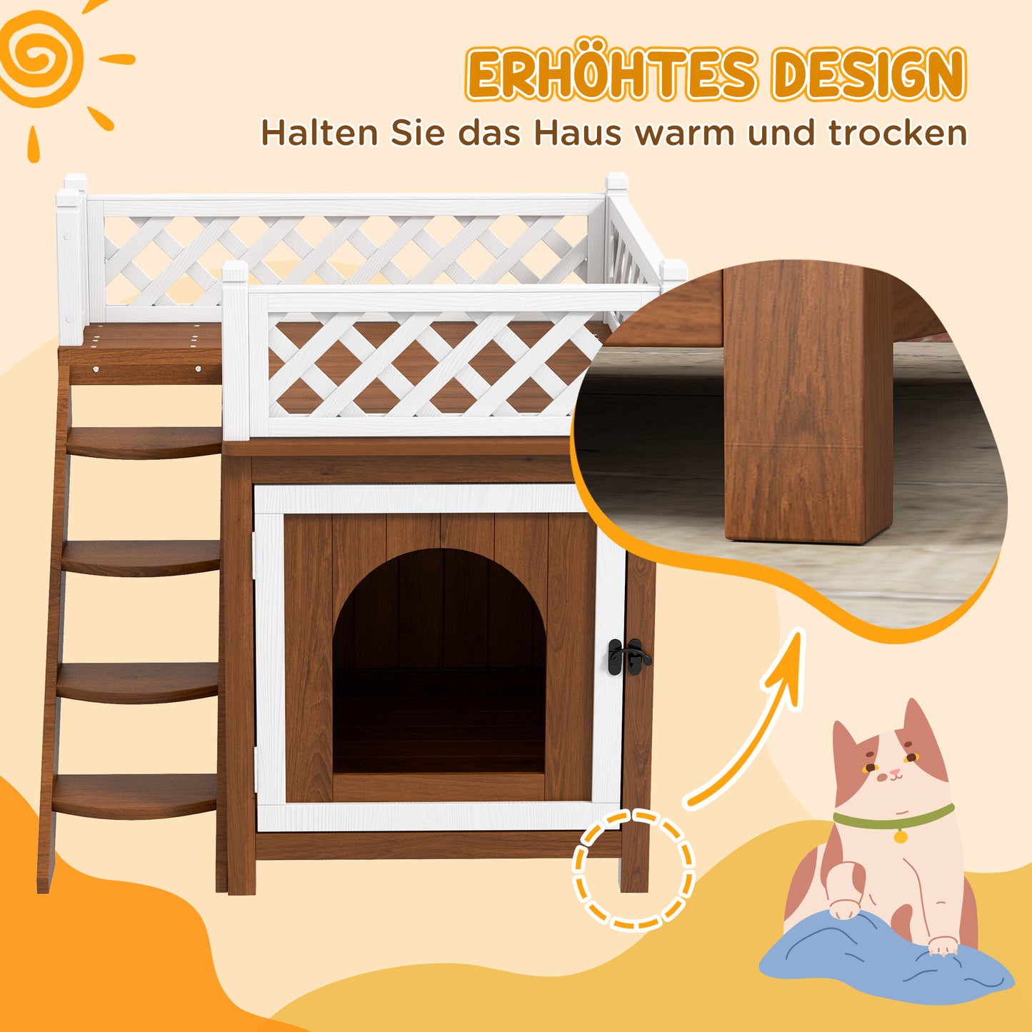 Tweeverdiepingen Kattenhuis – Kattenhut – Kattenverblijf – Kattenren – Konijnenhuis – Bruin – Duurzaam Dennenhout – Veilig Balkon Met Trapjes