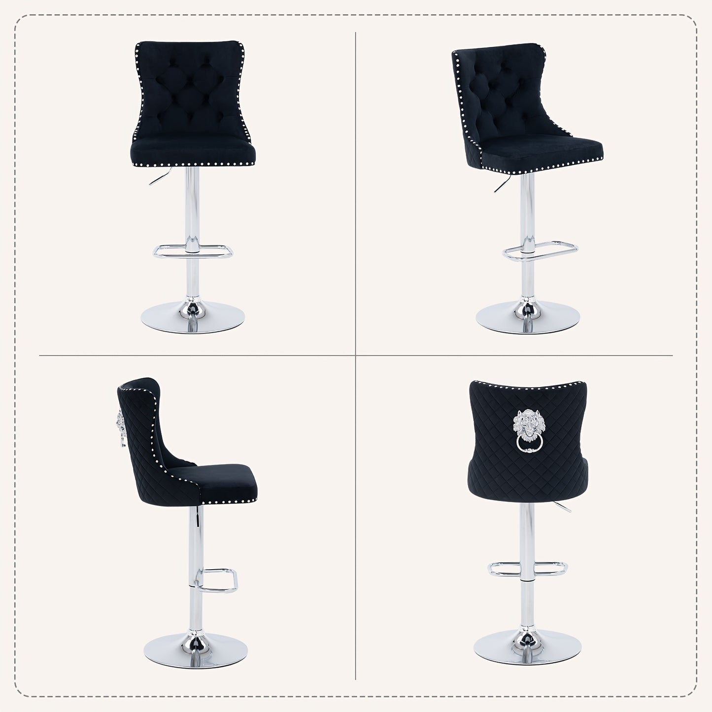 Modern Bar Stools Set Of 2, Swivel Velvet Adjustable Stools with Lion Head Pull Ring, Upholstered Kitchen Chairs with Ergonomic Backrests & Nailhead Trims, Suitable for Kitchen Island, Dining Room & Bar