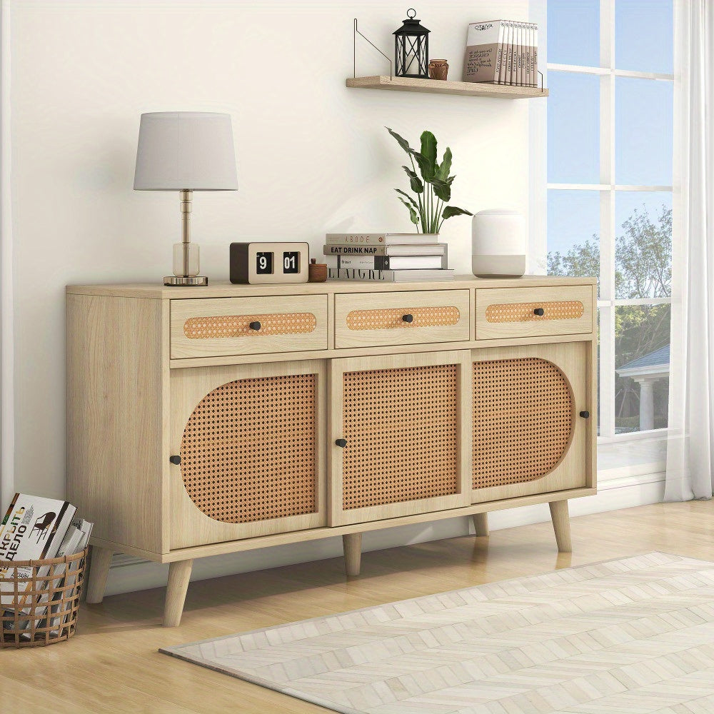Modern Metal Sideboard Cabinet with Adjustable Shelves & 3 Sliding Doors - Heavy-Duty Freestanding Storage Organizer, 3 Drawers, Sturdy Metal Construction, Space-Saving Design for Living Room, Dining Room, Entryway - Elegant
