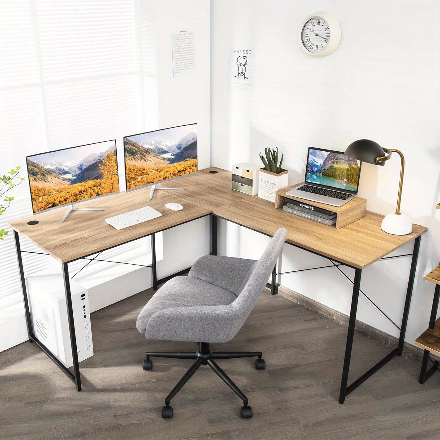 Computerbureau – Bureautafel – Computertafel – Bureaumeubel – Werkplek – L-vormig – Stevig Stalen Frame – 150x150x74 cm – Houtlook