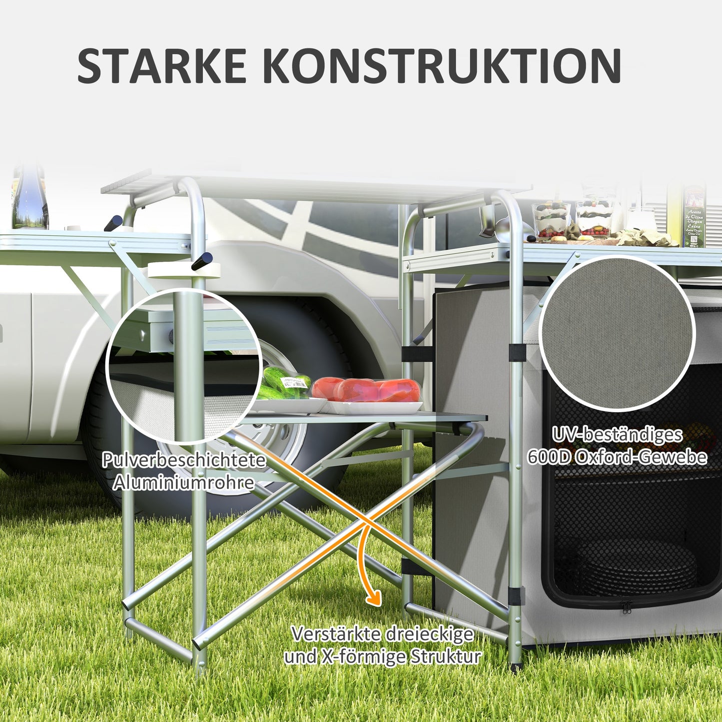 Campingkast – Campingkeuken – Kampeermeubel – Opvouwbare Kast – Outdoor Keuken – 3 Werkbladen – Windscherm – Stoffen Kast – 144x48x119 cm – Metaal Frame