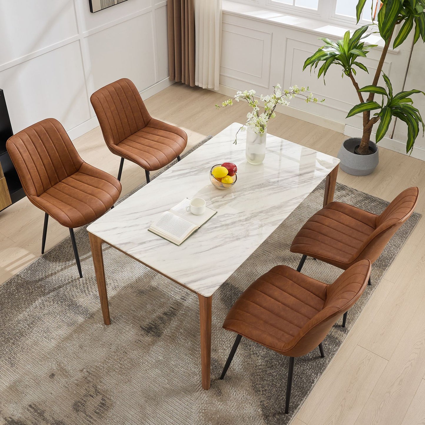 Eetkamerstoelen – Stoelen – Dining Chairs – Keukenstoelen – Café Stoelen – Set Van 2 – Gestoffeerde Zitting – Metalen Frame – Lineaire Rugleuning – Bruin – Makkelijk Schoon Te Maken