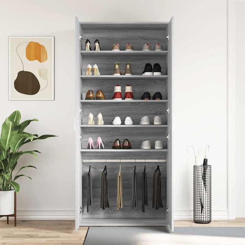 Schoenenkast – Schoenopberger – Schoenrek – Schoenenschuur – Grijze Kast – Sonoma Grijs – 80x39x180 cm – Duurzaam Hout – Geschikt Voor Woonkamer En Veranda