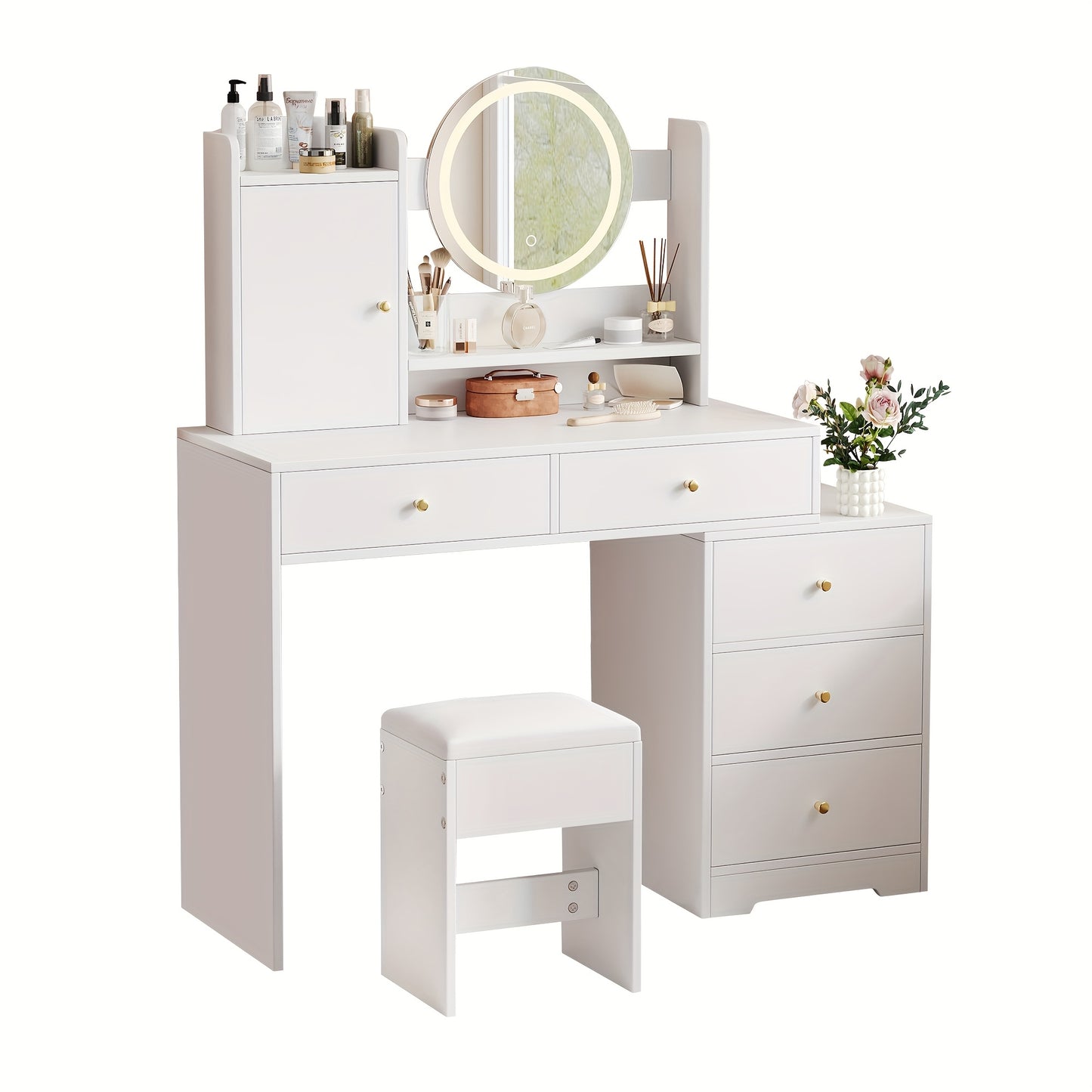 Kaptafel Wit – Dressing Table – Make-up Tafel – Make-up Kaptafel – Vanity Table – 5 Laden & Kast – Vrijstaand Ontwerp – Compact & Duurzaam – Inclusief Kruk