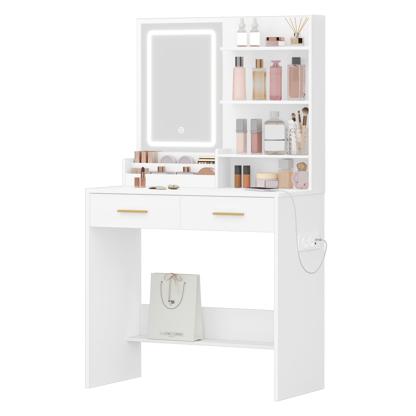 Kaptafel – Make-up tafel – Toillettafel – Schoonheidstafel – Visagietafel – Wit – Verstelbare LED-verlichting – 2 AC Stopcontacten & 2 USB Poorten