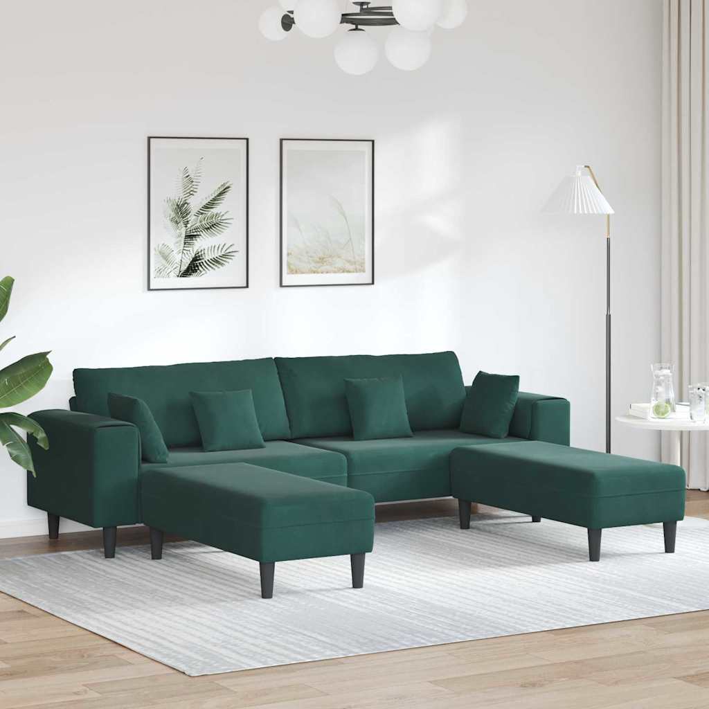 Bankstel – Hoekbank – Slaapbank – 3-zitsbank – Zetel – Donkergroen Velvet – Met Ottomane – Stevig Houten Frame – Comfortabele Foam Vulling