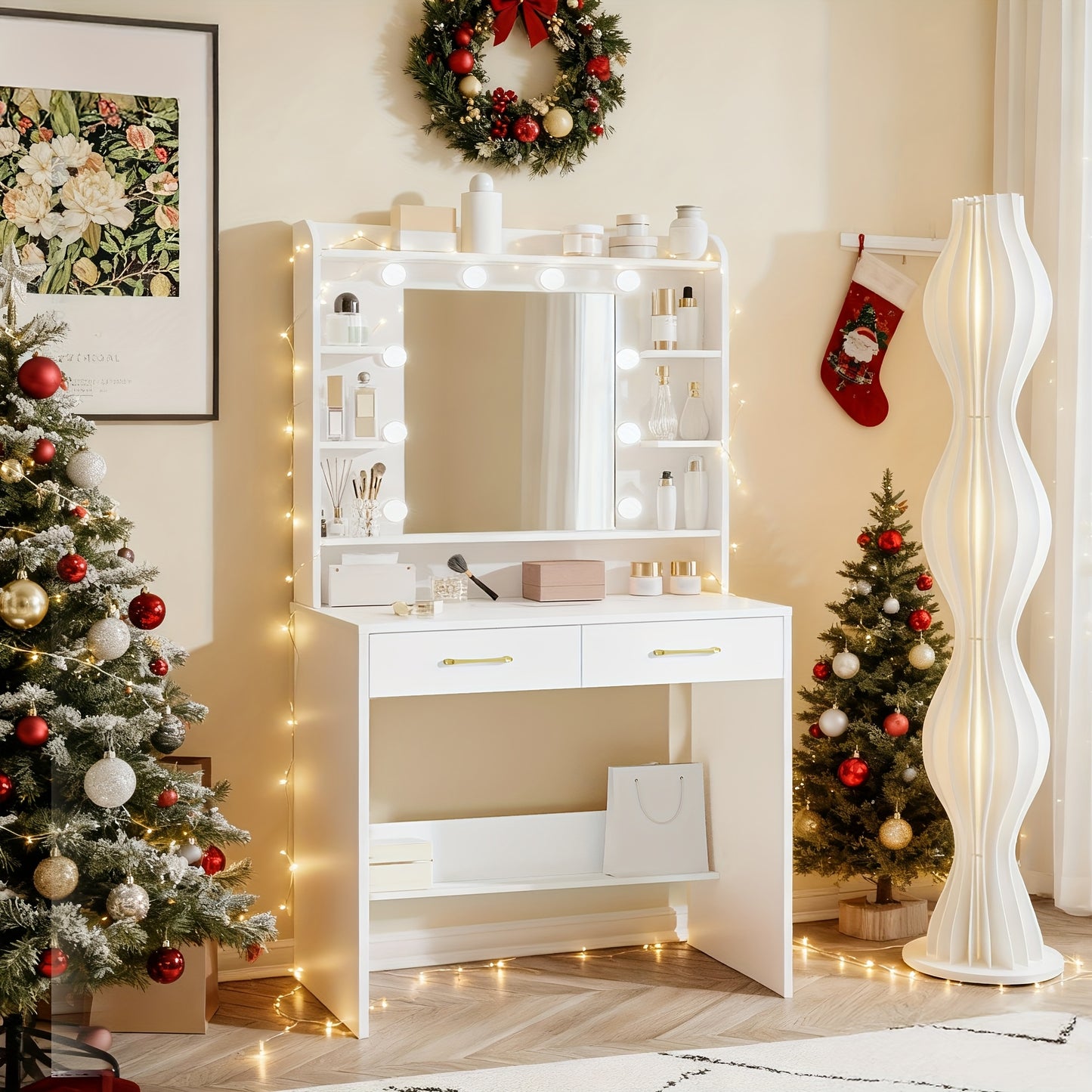 Dressing Table with Mirror And LED Light, Accessory Storage, Adjustable Brightness, Dressing Table with Shelves And 2 Drawers, Jewelry Cabinet, for Bedroom, Living Room, 40 X 80 X 149cm, White - QUORE