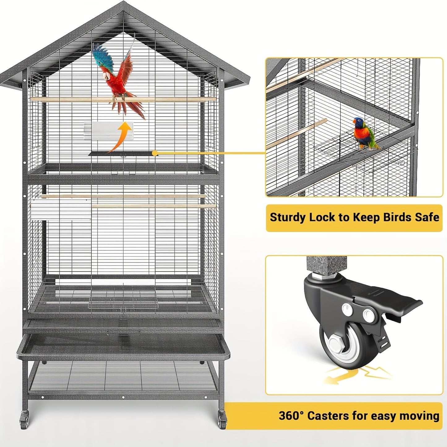 Vogelkooi – Volière – Vogelkooi Groot – Kooi Papegaaien – Vogelkooi Met Wielen – Heavy-Duty Smeedstaal – Extra Ruim Speeloppervlak 80x60 cm