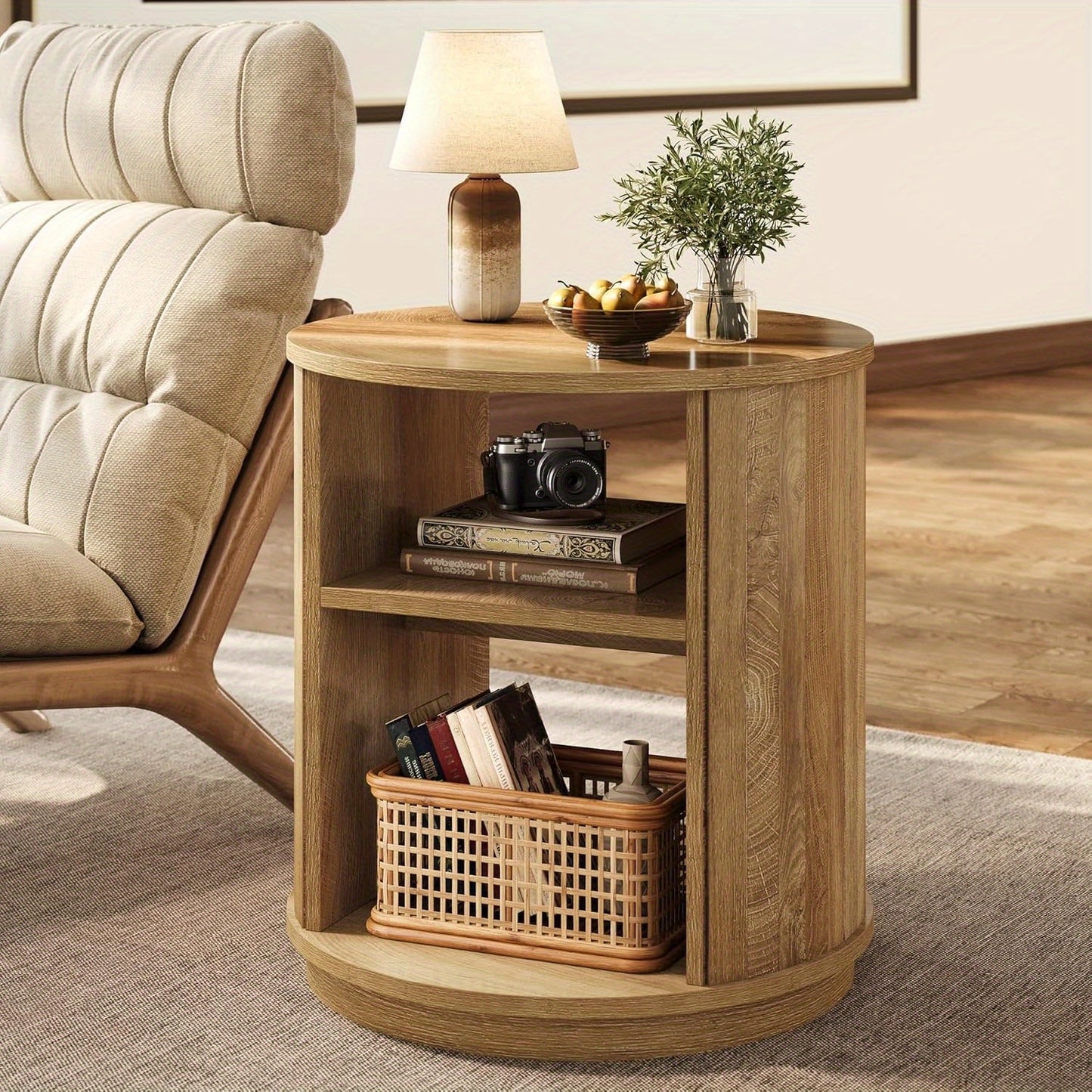 Nachtkastje – Bijzettafel – Opbergtafeltje – Bedtafel – Accenttafel – Ronde Vorm – 3 Opslagniveaus – Natuurlijke Houtlook – Compact & Stevig MDF