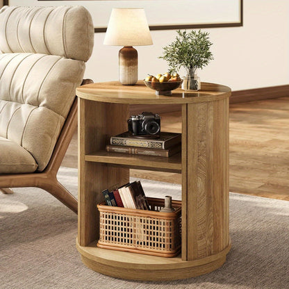 Nachtkastje – Bijzettafel – Opbergtafeltje – Bedtafel – Accenttafel – Ronde Vorm – 3 Opslagniveaus – Natuurlijke Houtlook – Compact & Stevig MDF