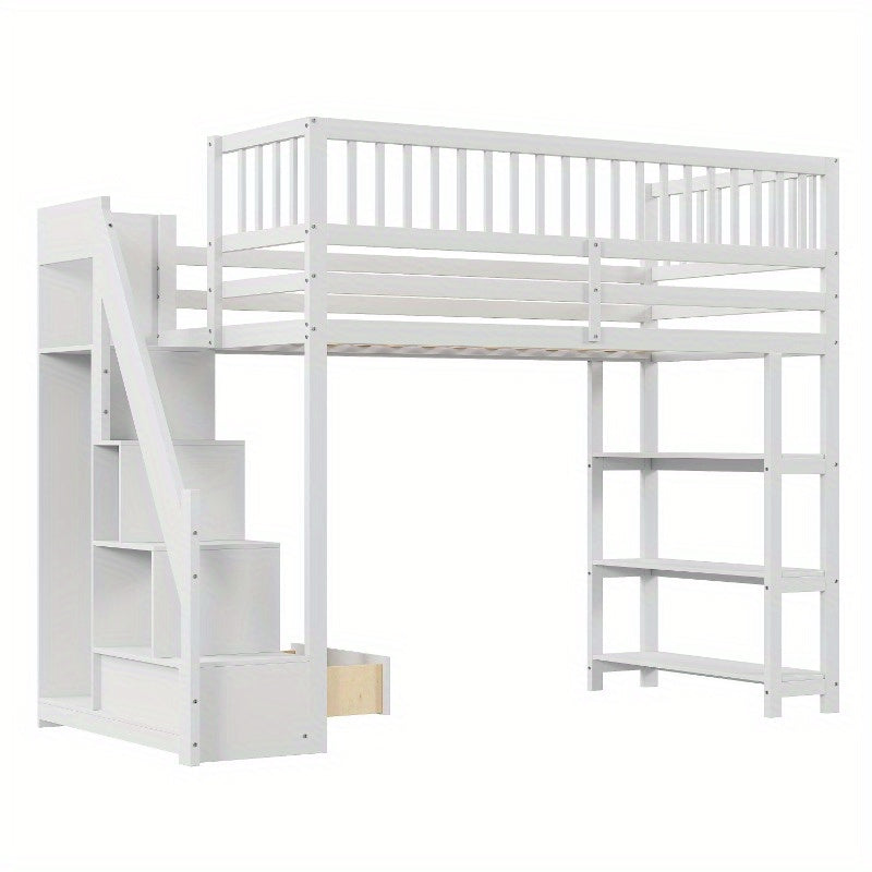 Hoogslaper – Stapelbed – Eenpersoonsbed – Kinderbed – Bed met Opbergruimte – 90 x 200 cm – Veiligheidsladder – Witte Multifunctionele Hoogslaper met Kast en Planken