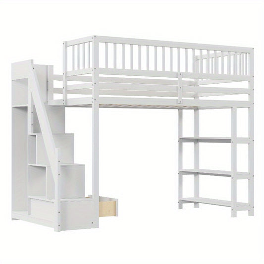 Hoogslaper – Stapelbed – Eenpersoonsbed – Kinderbed – Bed met Opbergruimte – 90 x 200 cm – Veiligheidsladder – Witte Multifunctionele Hoogslaper met Kast en Planken