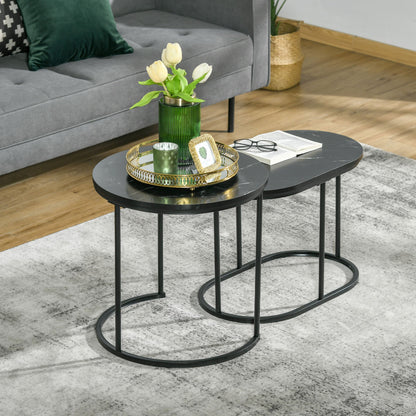 Koffietafel – Bijzettafel – Salontafel – Tafelset – Set Van 2 – Marmerlook – Metalen Onderstel – Ø50 x 50,5 cm – Zwart – Stapelbaar – Modern Design