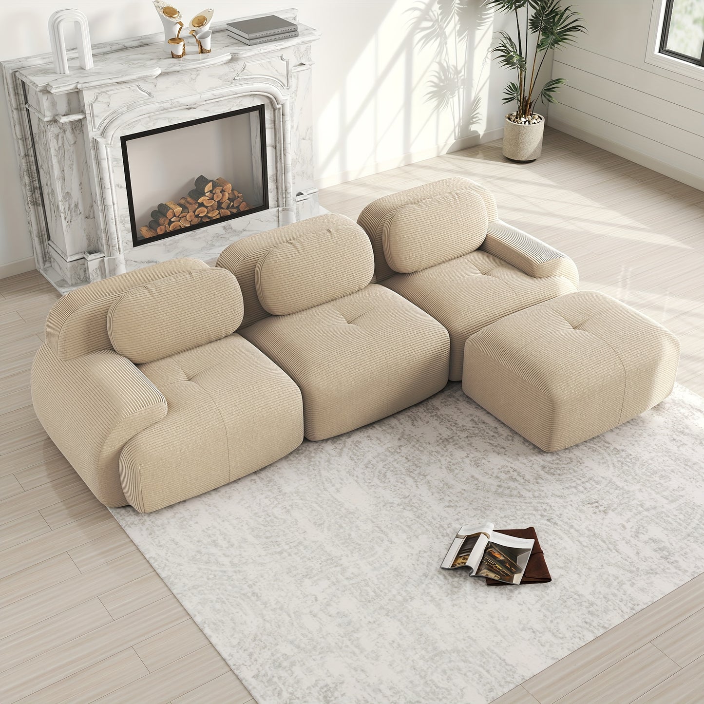 A Corner Sofa That Is Modular And Does Not Need to Be Assembled, Designed for Comfort And Pets, Crafted from Corduroy with Wide Armrests, Featuring 32D High-Stretch Material, Ideal for Both Living Rooms And Bedrooms, in a Bei