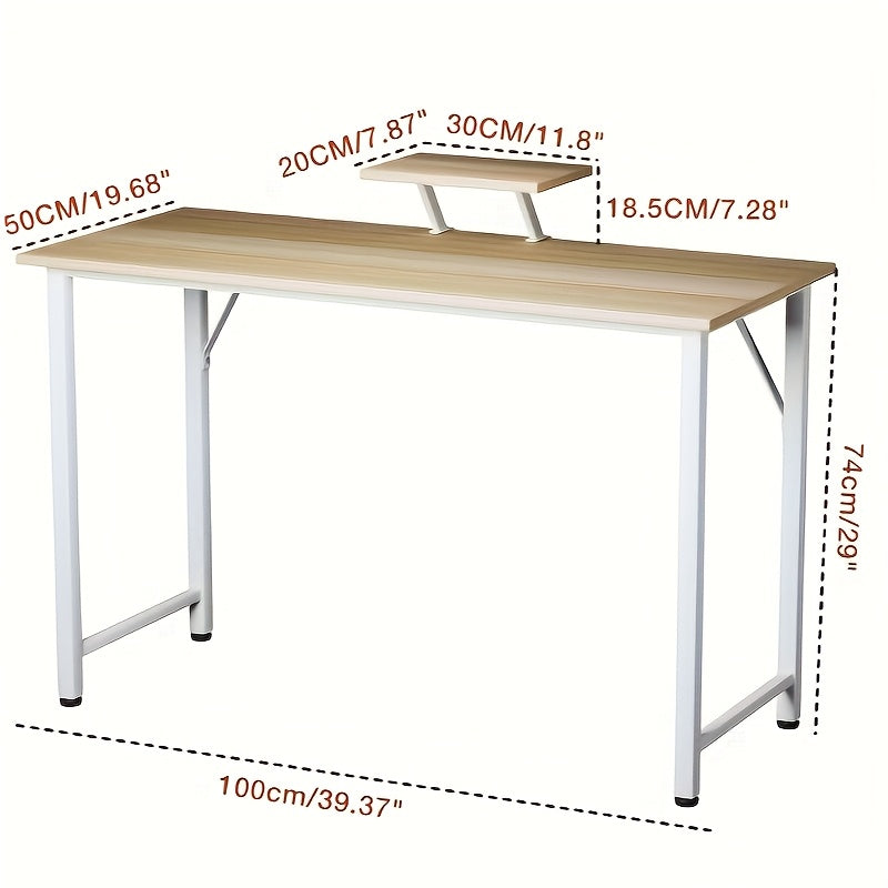 Compact Computer Desk With Monitor Stand, 100x50cm Wooden Home Office Desk, White Metal Frame & Ergonomic Design (75cm Height)